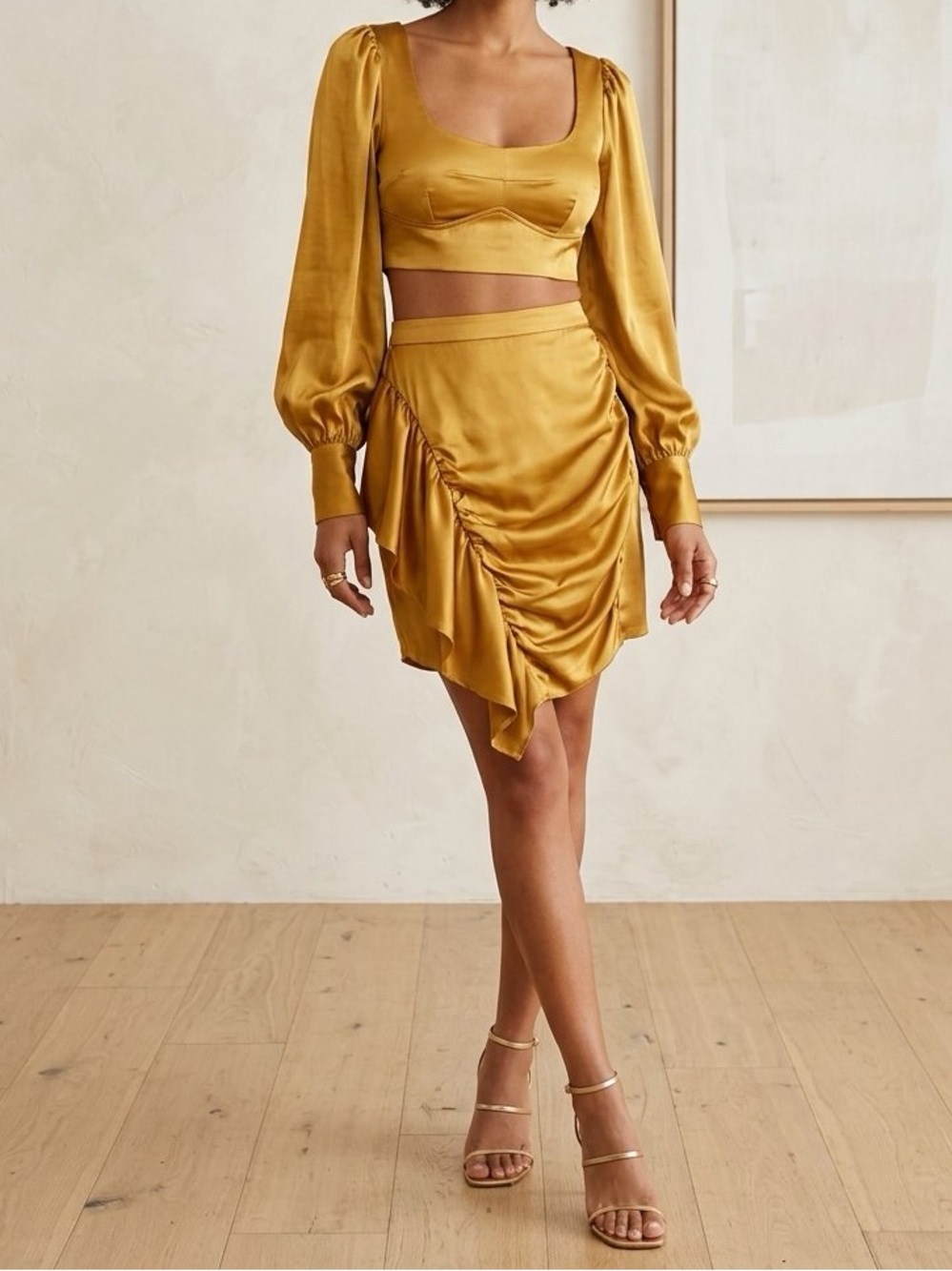 Michele Mustard Satin Asymmetrical Ruched Mini Skirt with Matching Shirt